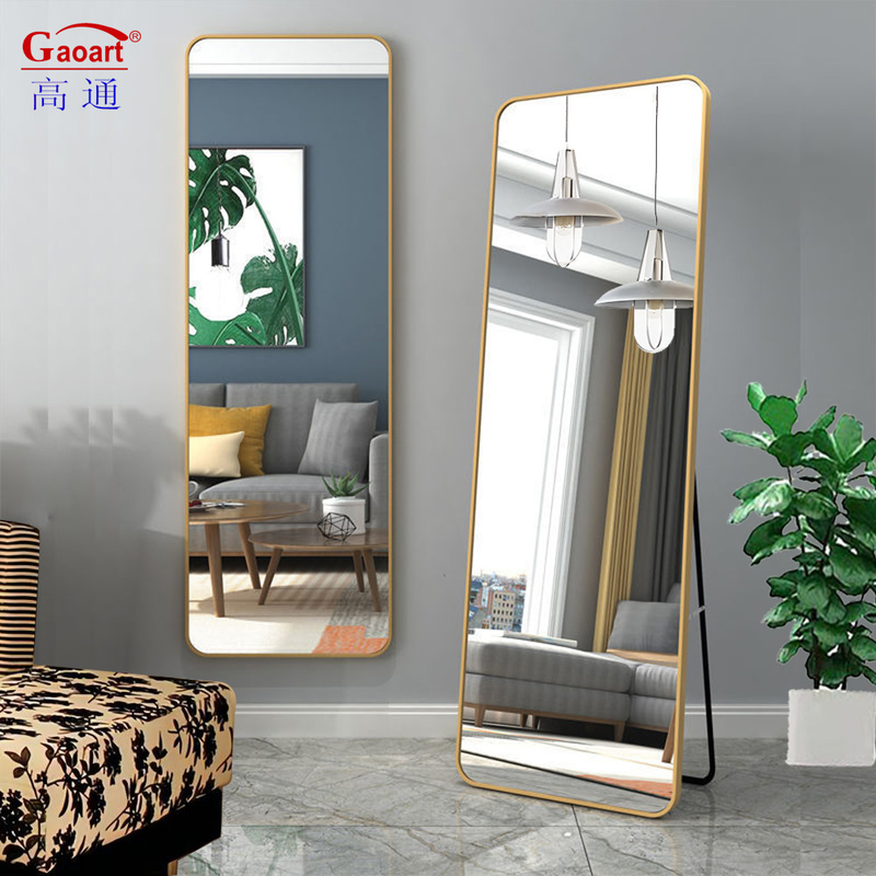Moderne style stylé style plancher debout grande taille long miroir doré avec support